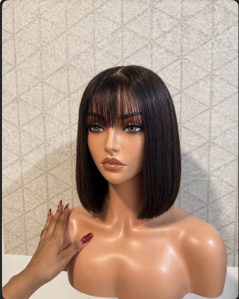 10 inch sdd bone straight bob, shown on a display mannequin