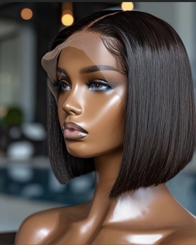 10 inch sdd bone straight bob with a 5 by 5 closure, shown on a display mannequin
