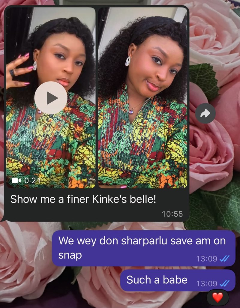 WhatsApp message from a customer sharing photos and a video of herself wearing a curly unit, captioned "Show me a finer Kinkie's belle!"