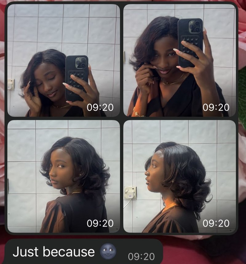 WhatsApp message from a customer showing four photos of her styled bob from the front and both sides, captioned "Just because"
