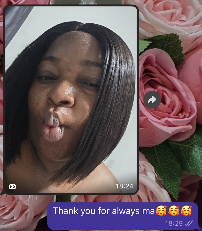 WhatsApp message from a returning customer wearing a sleek bob, answered by Kinkie's Place with "Thank you for always ma"